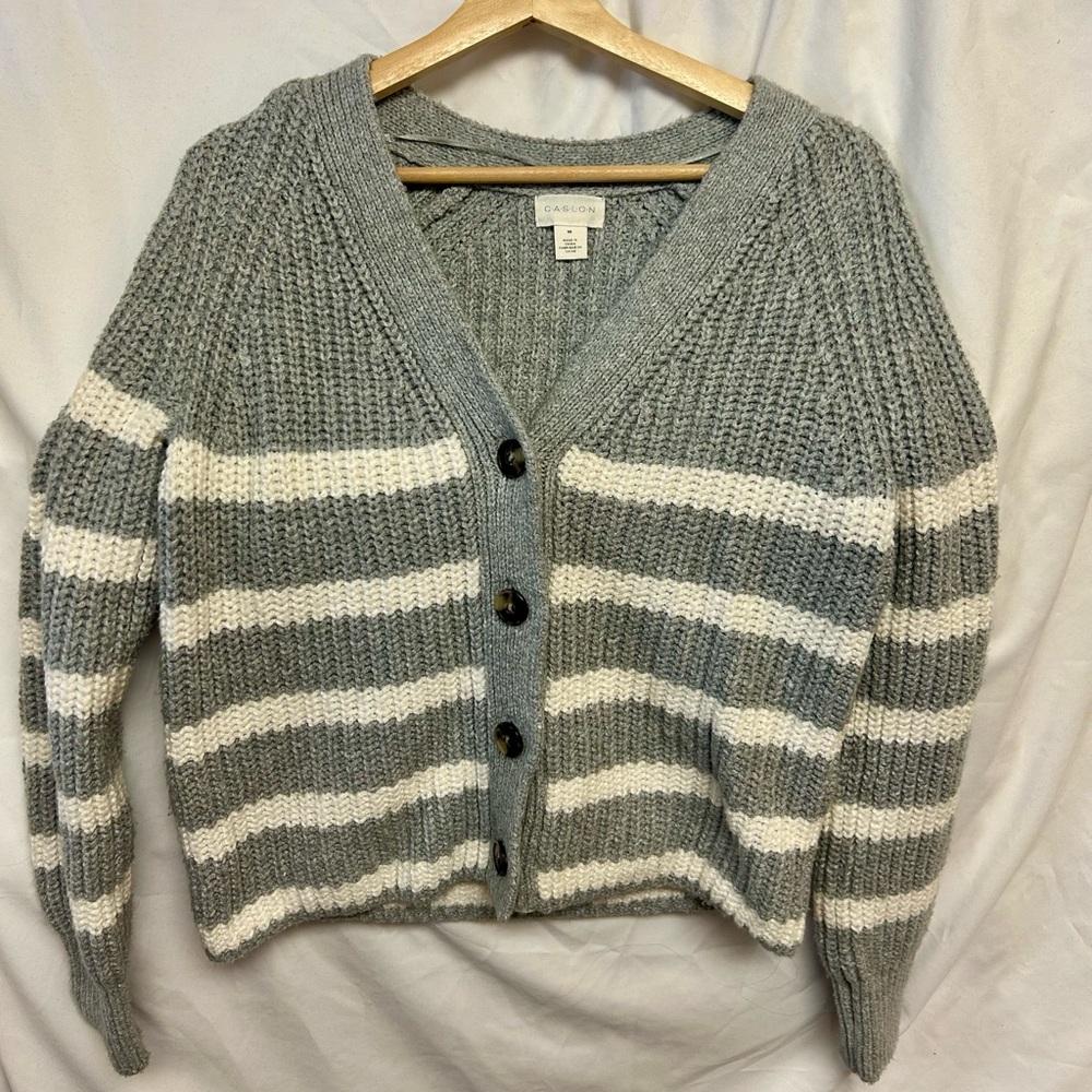 Caslon Gray and White Striped Women's Sweater